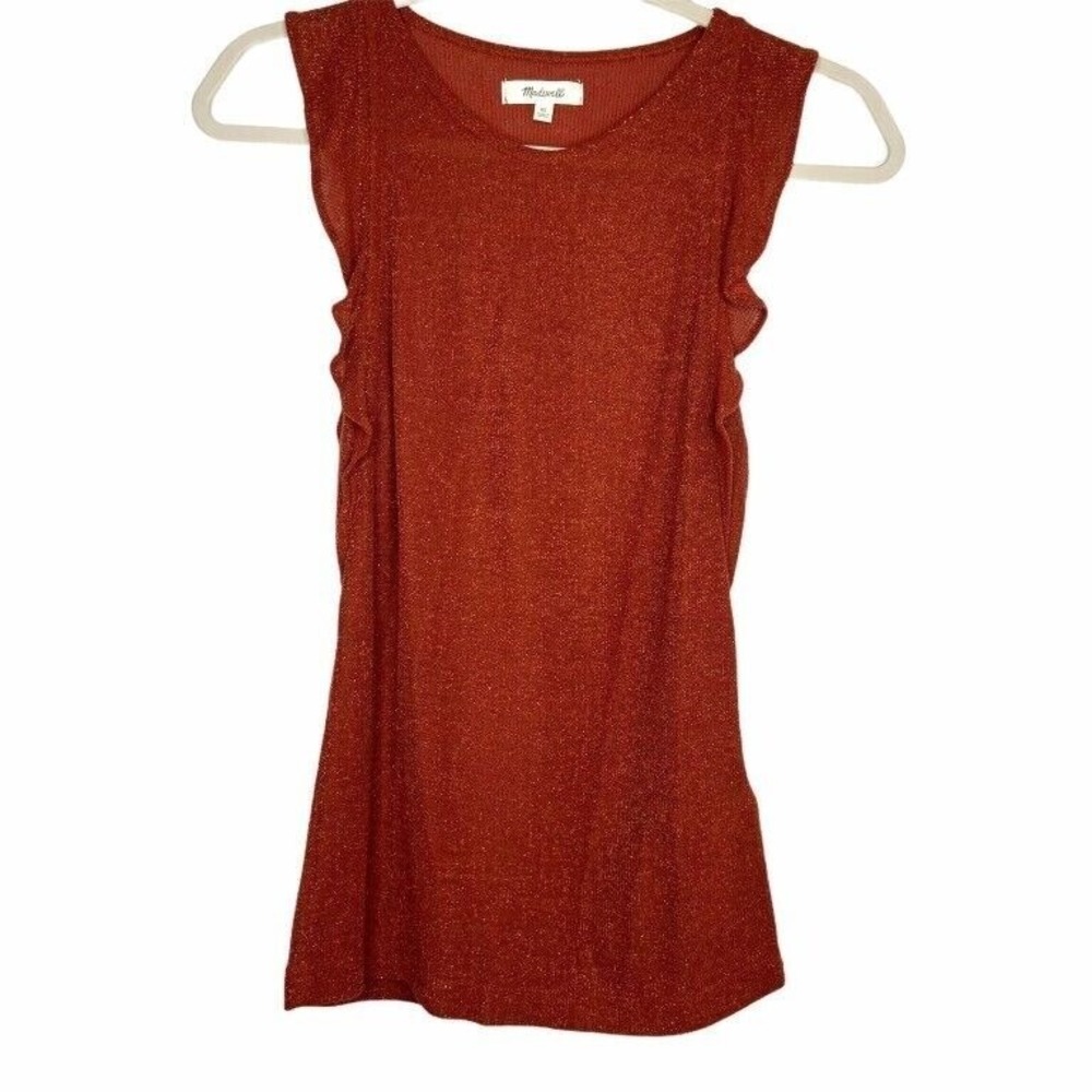 Madewell Metallic Ruffle Tank Top XS Rust Orange Ribbed Shimmer Boho EUC Indie